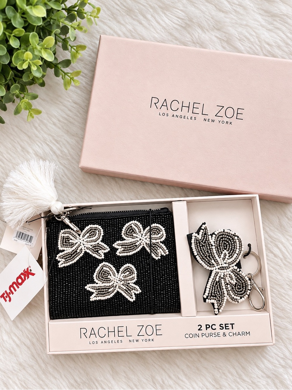 Rachel Zoe Black Beaded Bow Coin Purse with Beaded Bow Charm Keychain NWT